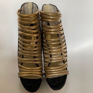 Michael Kors Suede Caged Heels - Black/Gold